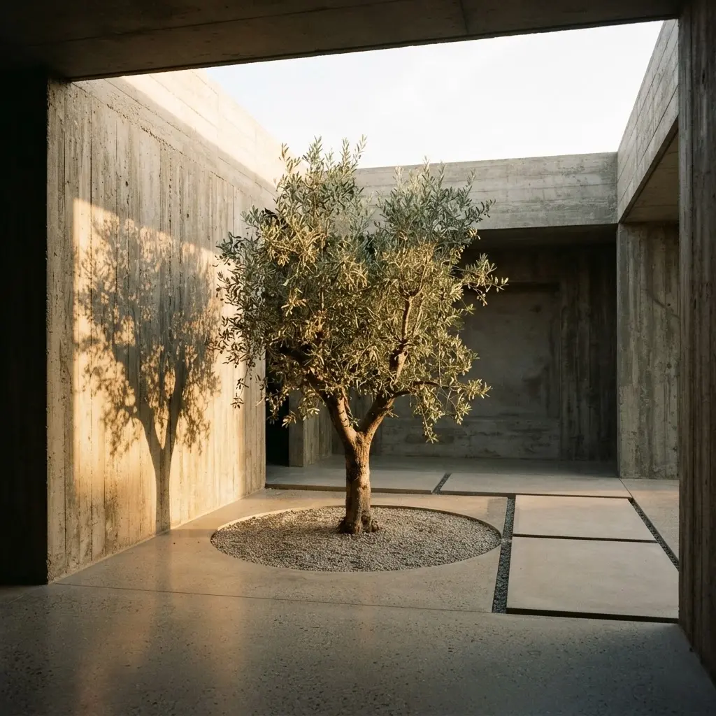 Minimalist concrete courtyard interior with an olive tree and warm sunlight