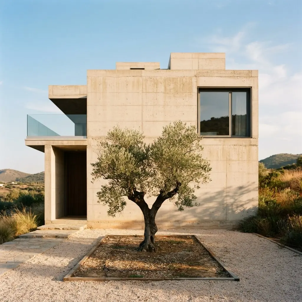Minimalist concrete building exterior with an olive tree