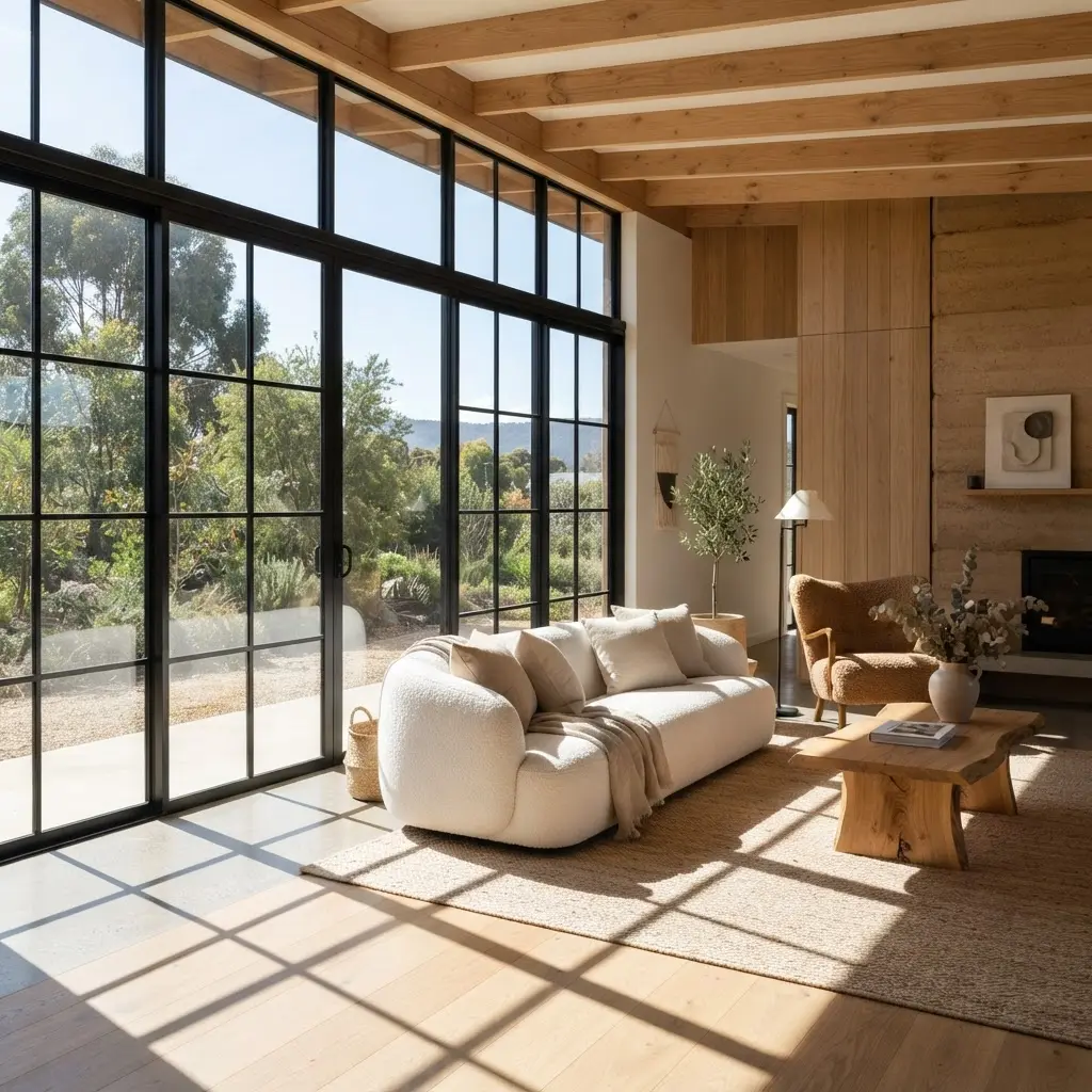 Bright minimalist interior with large windows and sunlight