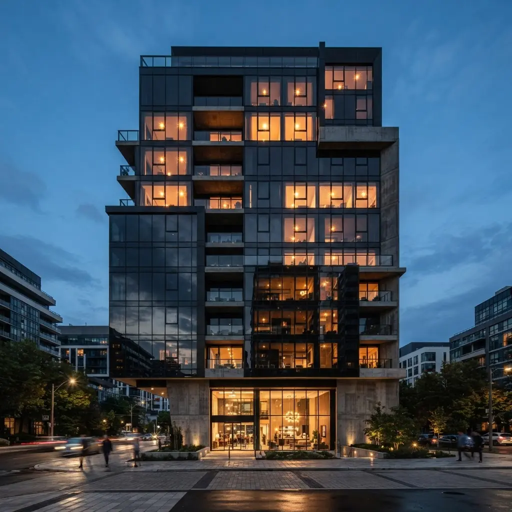 Modern dark glass and concrete building facade at dusk