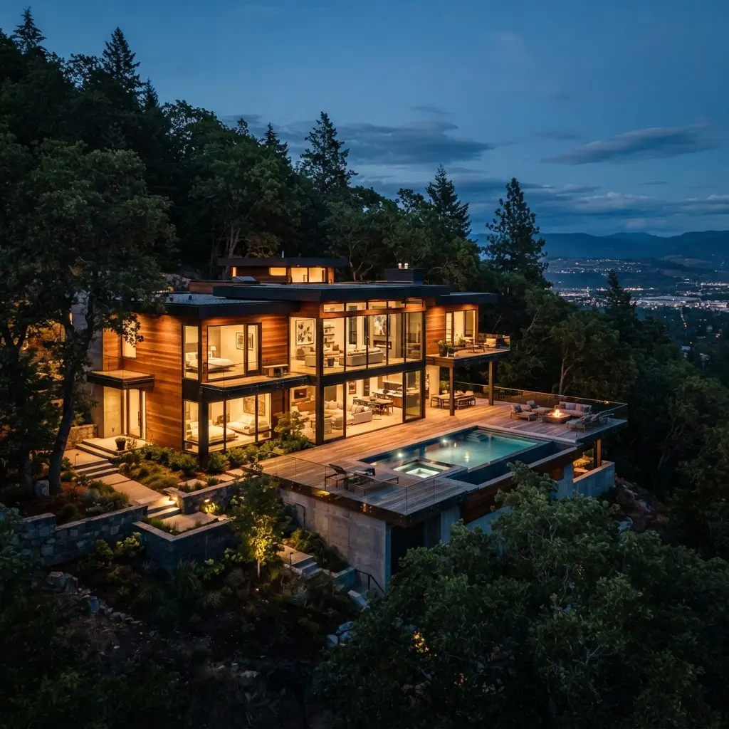 Modern hillside residence with wood and glass facade glowing at dusk