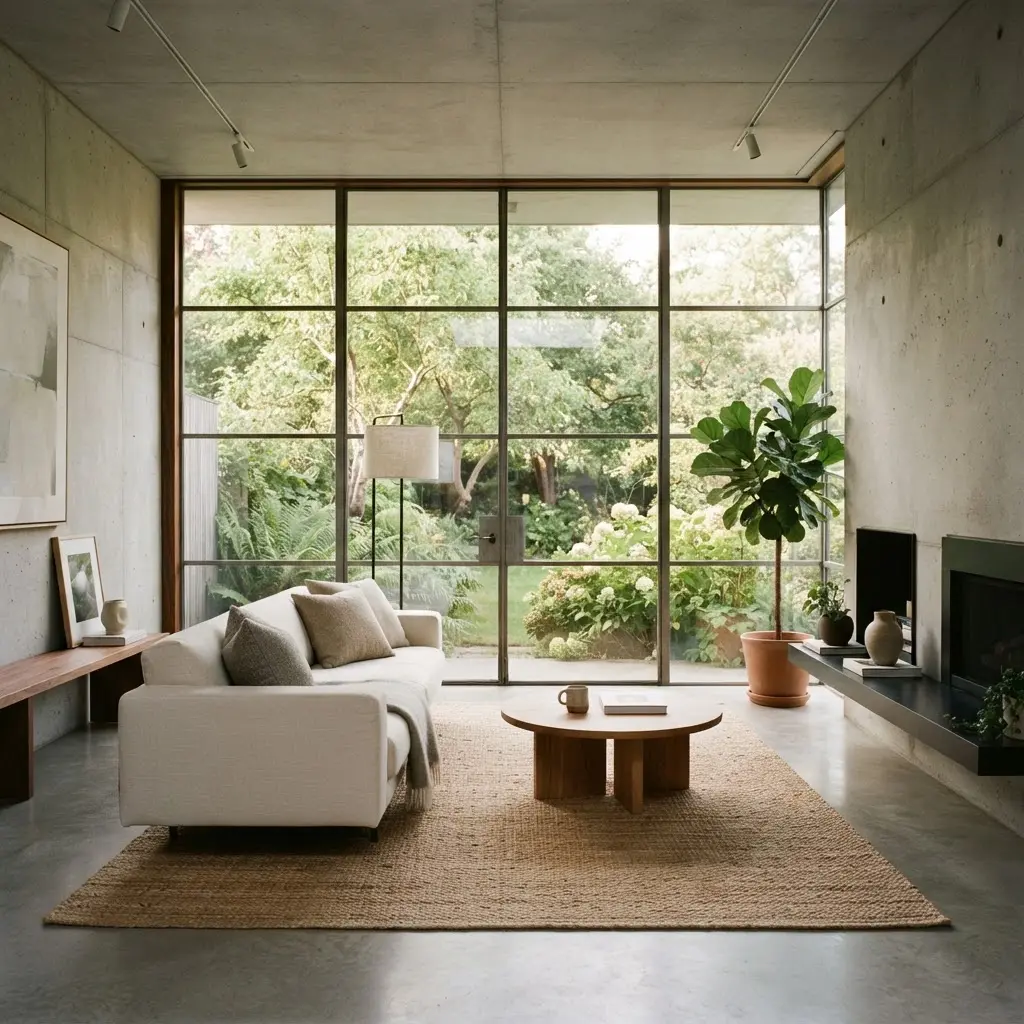 Minimalist living room interior with floor to ceiling windows