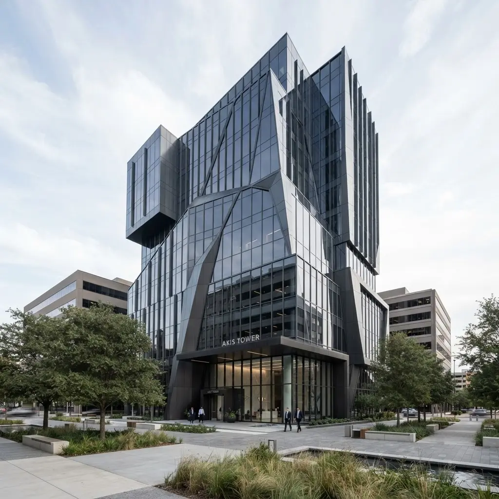 Contemporary commercial office building with steel and glass facade